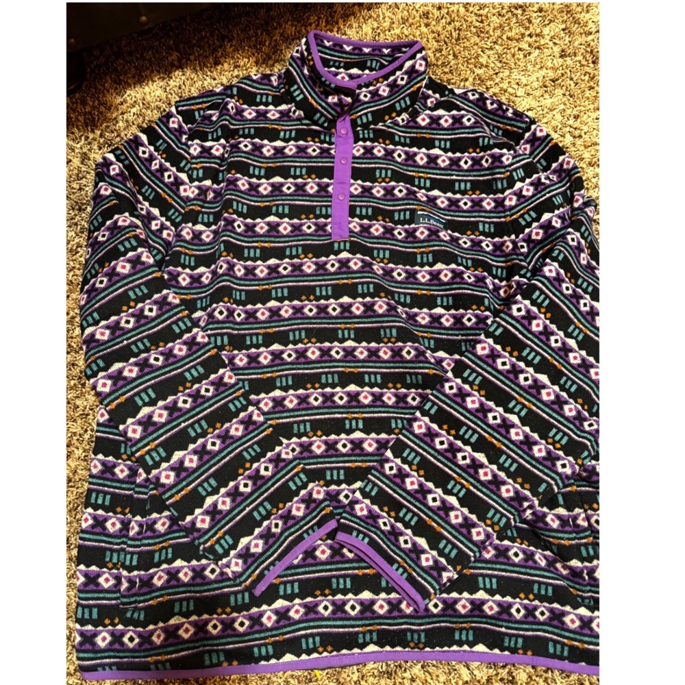 LL Bean Mens XXXL Tall Fleece Pullover Snap Neck Fair Isle Geometric 511721